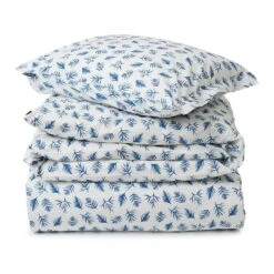 Lexington Blue Printed Leaves Organic Cotton Poplin Dekbedovertrekset, 150x210 Cm